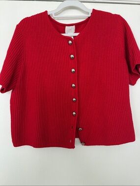 H&M Bright Red Short-Sleeve Button-Up Knit Top